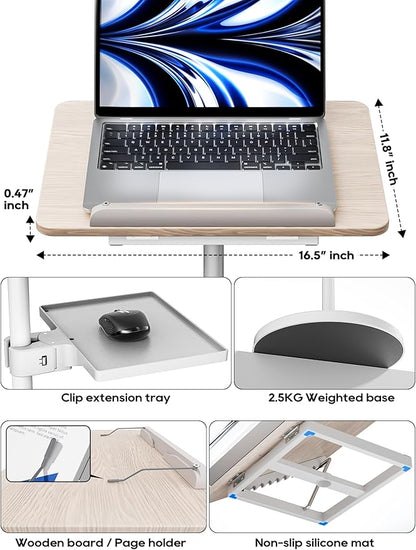 2 in 1 Adjustable Book Stand - Dual-Use Floor and Desktop Book Holder Stand, Height Adjustable 23.5-52 in, Elastic Page Clips for Music Sheet, Recipe, Tablet, Laptop-White