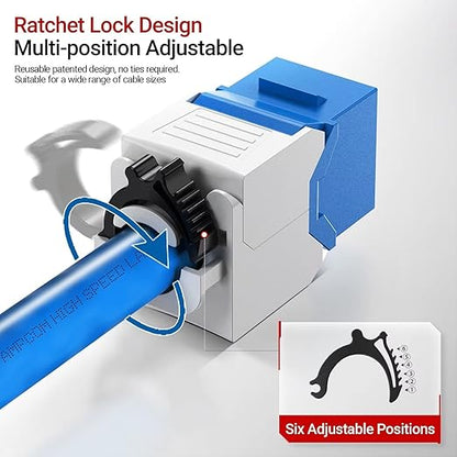 AMPCOM CAT6 RJ45 Keystone Jack - Reusable UTP Ethernet Wall Jack with Adjustable Ratchet Lock Design, No Tool and Zip Tie Required - 50u Gold Plated - Blue (12-Pack)
