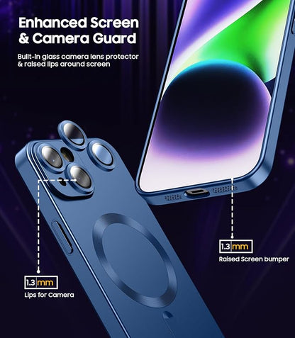 LEKEVO Magnetic for iPhone 14 Plus Case [Compatible with MagSafe][Built-in Camera Lens Protector] Slim Soft Silicone Bumper Shockproof Metallic Luster Phone Case (Blue)