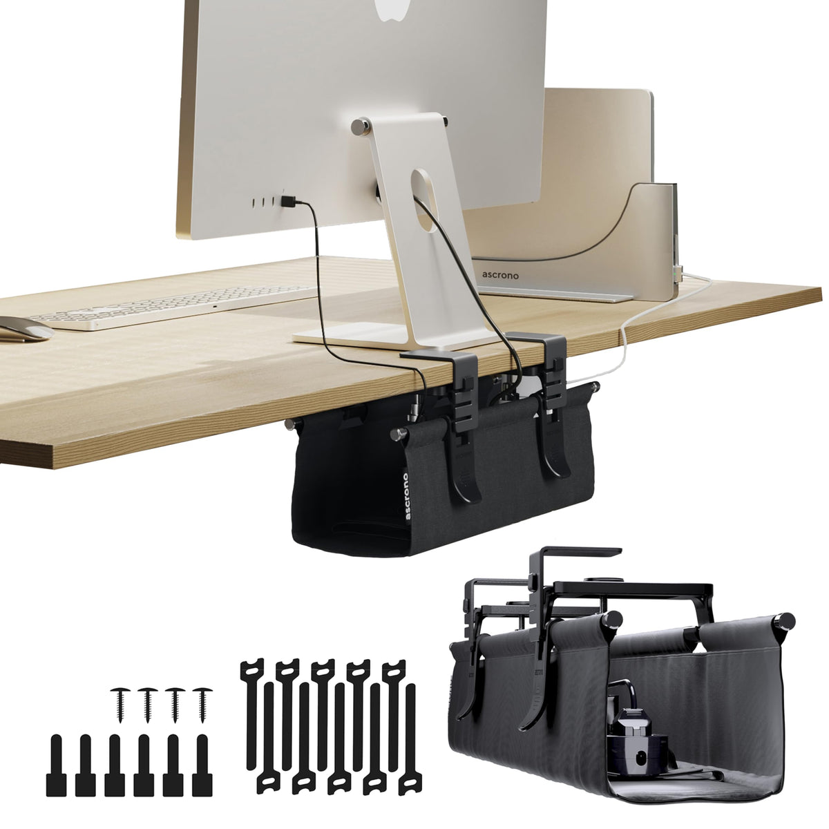Ascrono Original Under Desk Cable Management Tray, Black, 27.3"