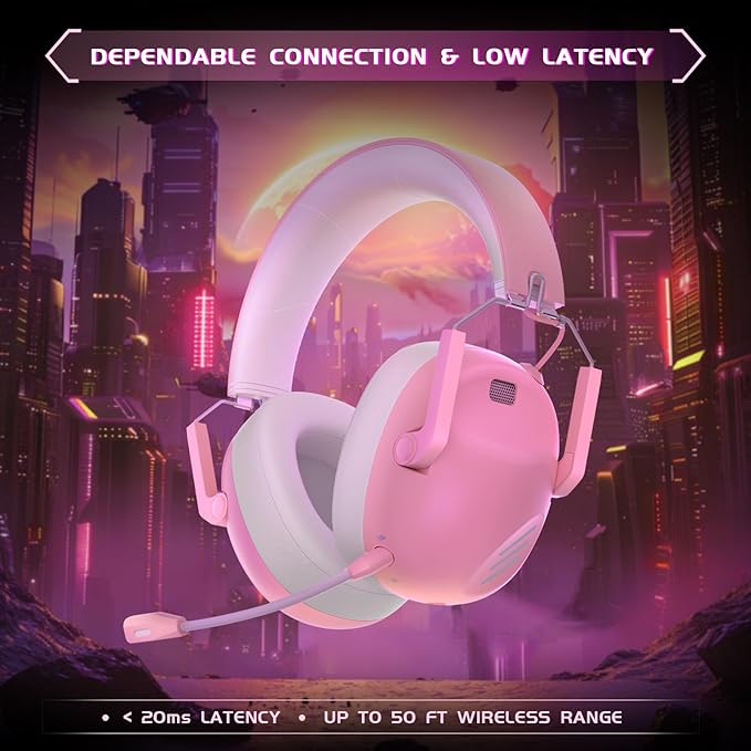 Wireless Gaming Headset for PS5, PS4, PC, NES, Bluetooth 5.3 Gaming Headsets Wireless with Noise Canceling Microphone, Gamer Headphones for Nintendo Switch, 50H Battery - Pink