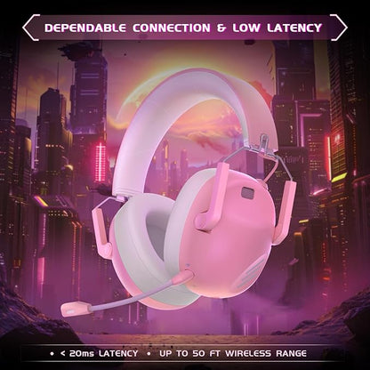 Wireless Gaming Headset for PS5, PS4, PC, NES, Bluetooth 5.3 Gaming Headsets Wireless with Noise Canceling Microphone, Gamer Headphones for Nintendo Switch, 50H Battery - Pink