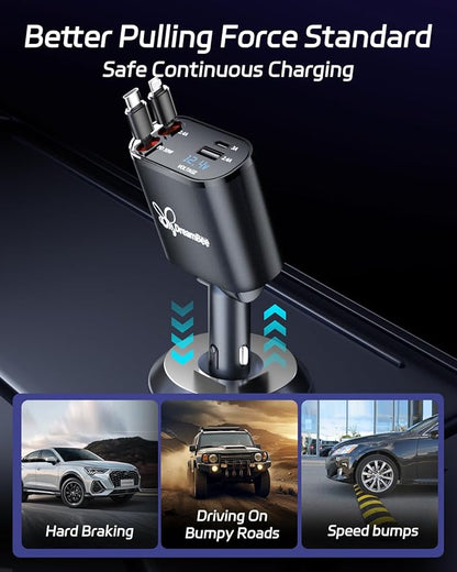 DreamBee Retractable Car Charger,66W 4 in 1 Super Fast Charge Car Phone Charger,Gifts for Men Women Car Truck Accessories for iPhone 15/14/13/12 Pro Max XR,iPad,Samsung,Pixel