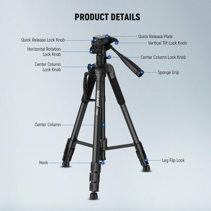 NEEWER Basic 74" Video Tripod Monopod, 3 Way Pan Tilt Head, Remote, Overhead Camera Mount, Horizontal Central Axis, Phone Holder Compatible with iPhone DSLR Telescope Projector, Max Load 17.6lb, TP05