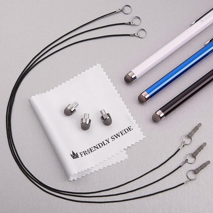 The Friendly Swede Mesh Tip Stylus Pen for Touchscreen — 3-Pack Micro-Knit Capacitive Stylus Pen for iPad & iPhone with 3 Replaceable Fiber Tips, Elastic Lanyards & Screen Cleaning Cloth