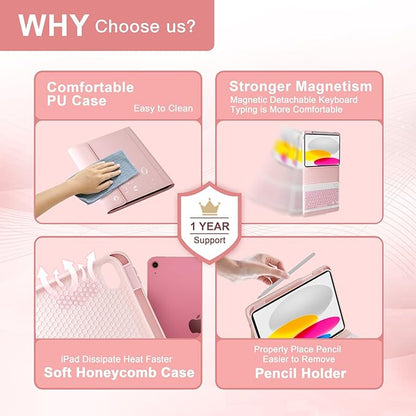 NOKBABO for iPad 11th 10th Generation Case with Keyboard, Magnetic Wireless Detachable Folio case with Pencil Holder, Keyboard for iPad 11th(A16,2025) & ipad 10th Generation(2022) - Light Pink