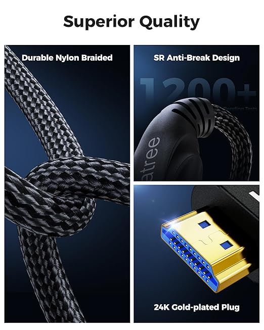 Cratree Long HDMI Cable 30FT - 8K 60hz, High Speed HDMI Cable 4K 120hz Braided,48Gbps,HDCP 2.2&2.3,eARC - Compatible with HDTV,Projector,Monitor and More