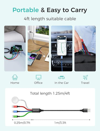 Upgraded Travel Essentials for Apple Watch Charger 4 in 1 Multi Charging Cable iWatch Charger Camping Essentials USB C/L/Micro Compatible with iWatch Series 10-1/SE/iPhone 16 15/Galaxy Android-4FT