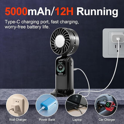 Blows Cold Air Portable Handheld Fan with Stand & Lanyard, 5000mAh USB-C Rechargeable Battery, 12H/5-Speed LED Display Mini Fan for Travel Beach Cruise Concerts Outdoor Events(Black)