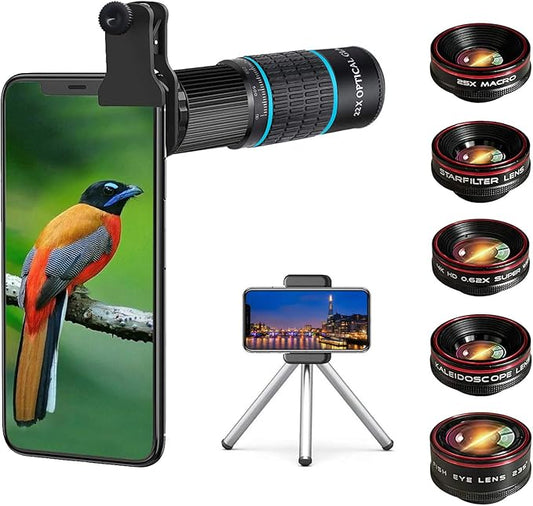 Phone Camera Lens Kit 10 in 1 for iPhone Samsung Pixel Android, 22X Telephoto Lens, 0.62X Super Wide Angle Lens&25X Macro Lens, 235° Fisheye,Kaleidoscopes, Starlight，Tripod，for Most Smartphone Black