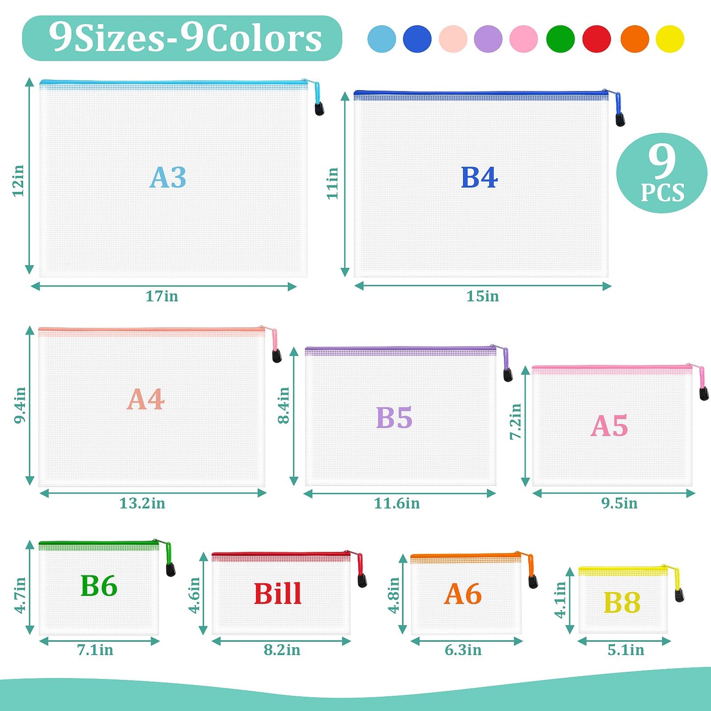 VVCOIIROEI 9pcs Mesh Zipper Pouch Bags, 9 Sizes Zipper Pouch, Mesh Bags with Zipper, Plastic Zipper Pouches, 9 Colors Zipper Pouches for Organizing, Board Game Storage, Travel, School Office Organize