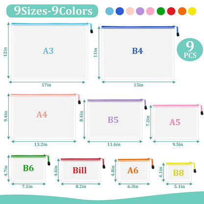 VVCOIIROEI 9pcs Mesh Zipper Pouch Bags, 9 Sizes Zipper Pouch, Mesh Bags with Zipper, Plastic Zipper Pouches, 9 Colors Zipper Pouches for Organizing, Board Game Storage, Travel, School Office Organize