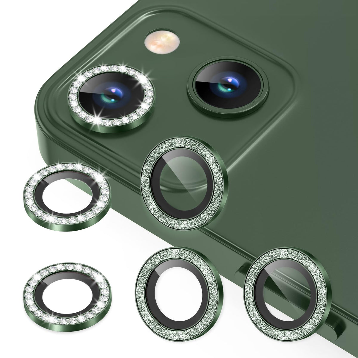 AGVEE 16 Pro & Max 3+3 6 Pack for iPhone 13 6.1" / 13 Mini 5.4" Camera Lens Protector, Bling Diamond & Bling Glitter Metal Ring 9H Tempered HD Glass Camera Cover Film, Glitter-Desert