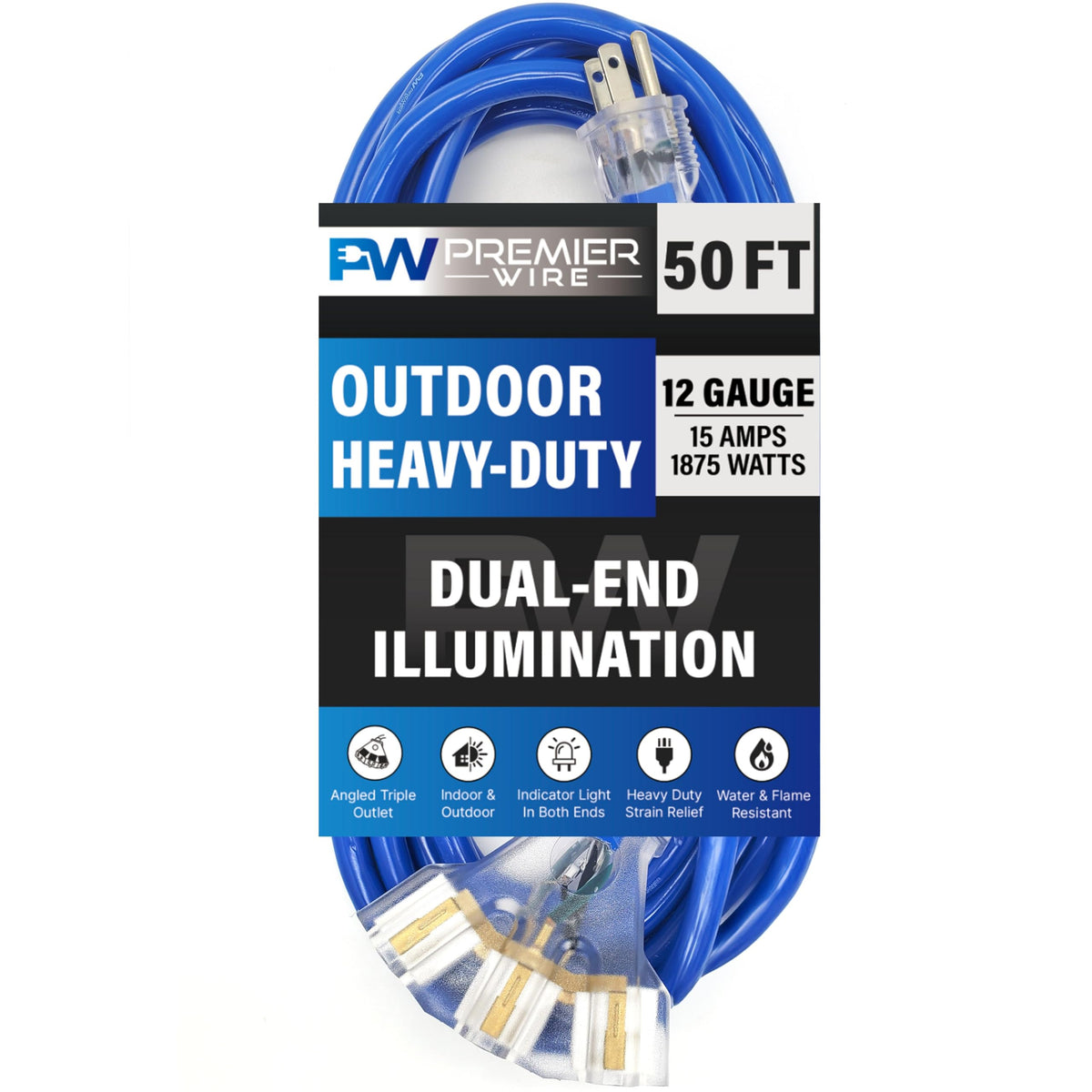 25 ft - 12 Gauge Heavy Duty Extension Cord - Lighted on Both Ends - SJTW Blue - Outdoor Extension_Cord Waterproof 25 ft by Premier Wire - 15 Amp ExtensionCord (25 Foot 12-Awg Power Cord Blue)