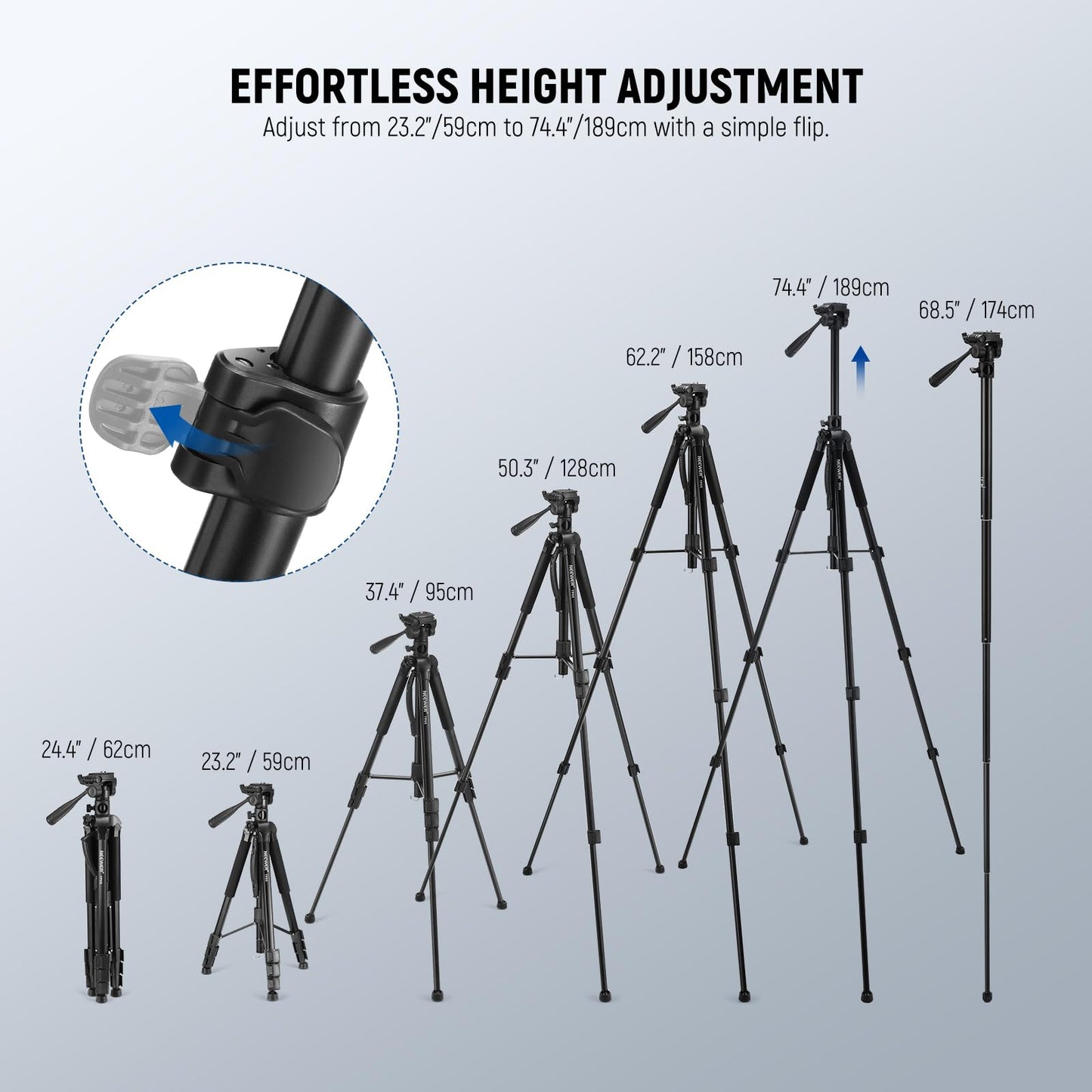 NEEWER Basic 74" Video Tripod Monopod, 3 Way Pan Tilt Head, Remote, Overhead Camera Mount, Horizontal Central Axis, Phone Holder Compatible with iPhone DSLR Telescope Projector, Max Load 17.6lb, TP05