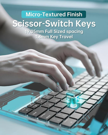Intermerge Clear A16 11th (2025) & 10th Generation 10.9" Case with Keyboard, 360° Transparent Multi-Touch Trackpad, 7-Color RGB Keyboard, Pencil Holder, Type-C, Power Indicator, Aqua Pulse