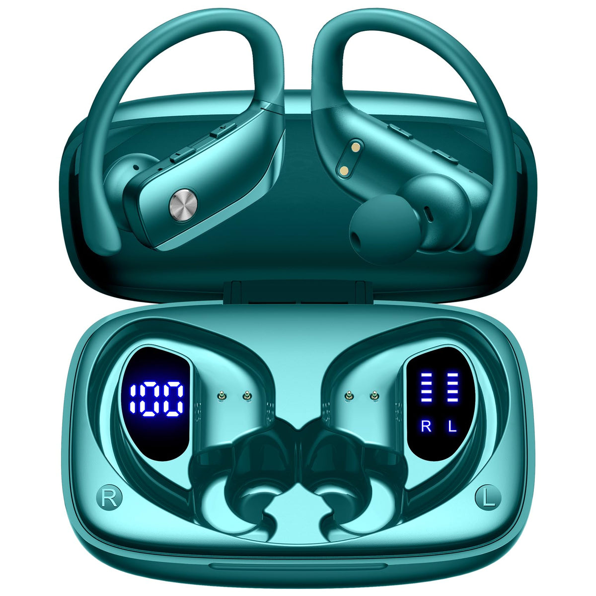 bmani Ear Buds Wireless Earbuds Bluetooth Headphones with 80H Playtime LED Display Case, Over-Ear Hook with Mic, Stereo Sound, Easy Button Controls, Sports Earphones for Running Workout Gym Mint Green