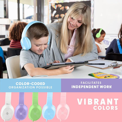 Classroom Headphones-Bulk 10-Pack, with Microphone Student On Ear Comfy Swivel Earphones for Library, School, Airplane, Kids-for Online Learning and Travel, HQ Stereo Sound 3.5mm Jack (Colored Set)