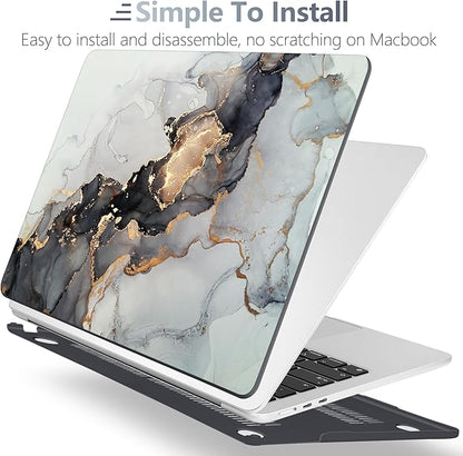 Batianda Premium Case for New MacBook Air 15 inch 2025 M4 2024 2023 with M3 M2 Chip Model A3114 A2941, Designed Protective Plastic Hardshell & Keyboard Cover & Screen Protector, Gold Fluid Art