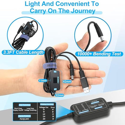 FARSENSE USB C to DC Adapter,Barrel PD Trigger Cable(3.3ft) with 10 Connector Tips,USB to DC Power Cable can Switch Voltage by Pressing The Key,Support LED Display Voltage