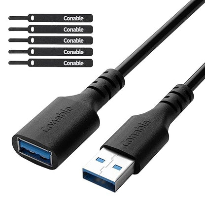 3 Pack USB 3.0 Extension Cable 4 Feet, USB A Male to Female Extender Cord, 5Gbps Data Transfer for Webcam, Printer, Keyboard, Mouse, Flash Drive, Hard Drive, Controller, Black Cable with 5 Cable Ties