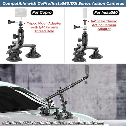 Suction Cup Car Mount - Aluminum Alloy Extendable Selfie Stick, Five 3.5" Large Suction Cup Car Windshield Camera Mount with Tripod Adapter Compatible with GoPro Insta360 DJI Action Cameras