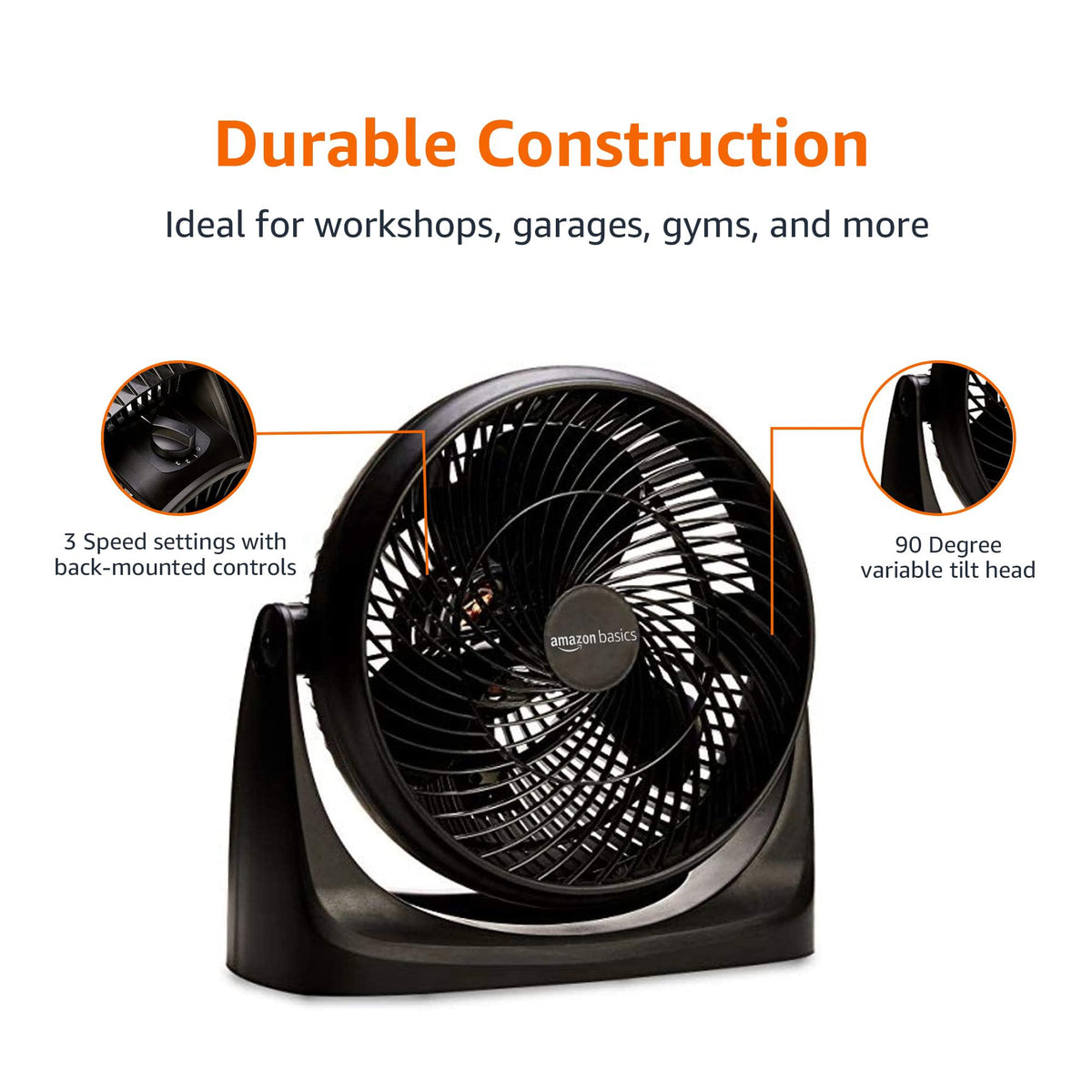 Amazon Basics Air Circulator Fan, Desk Fan for Bedroom, Home and Office, With 90-Degree Tilt Head, 3 Speed Settings, Lightweight (4.2 LBS), 70 Watts, Black, 14.8"Wx7.6"Dx14.1"H