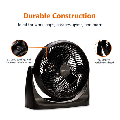Amazon Basics Air Circulator Fan, Desk Fan for Bedroom, Home and Office, With 90-Degree Tilt Head, 3 Speed Settings, Lightweight (4.2 LBS), 70 Watts, Black, 14.8"Wx7.6"Dx14.1"H