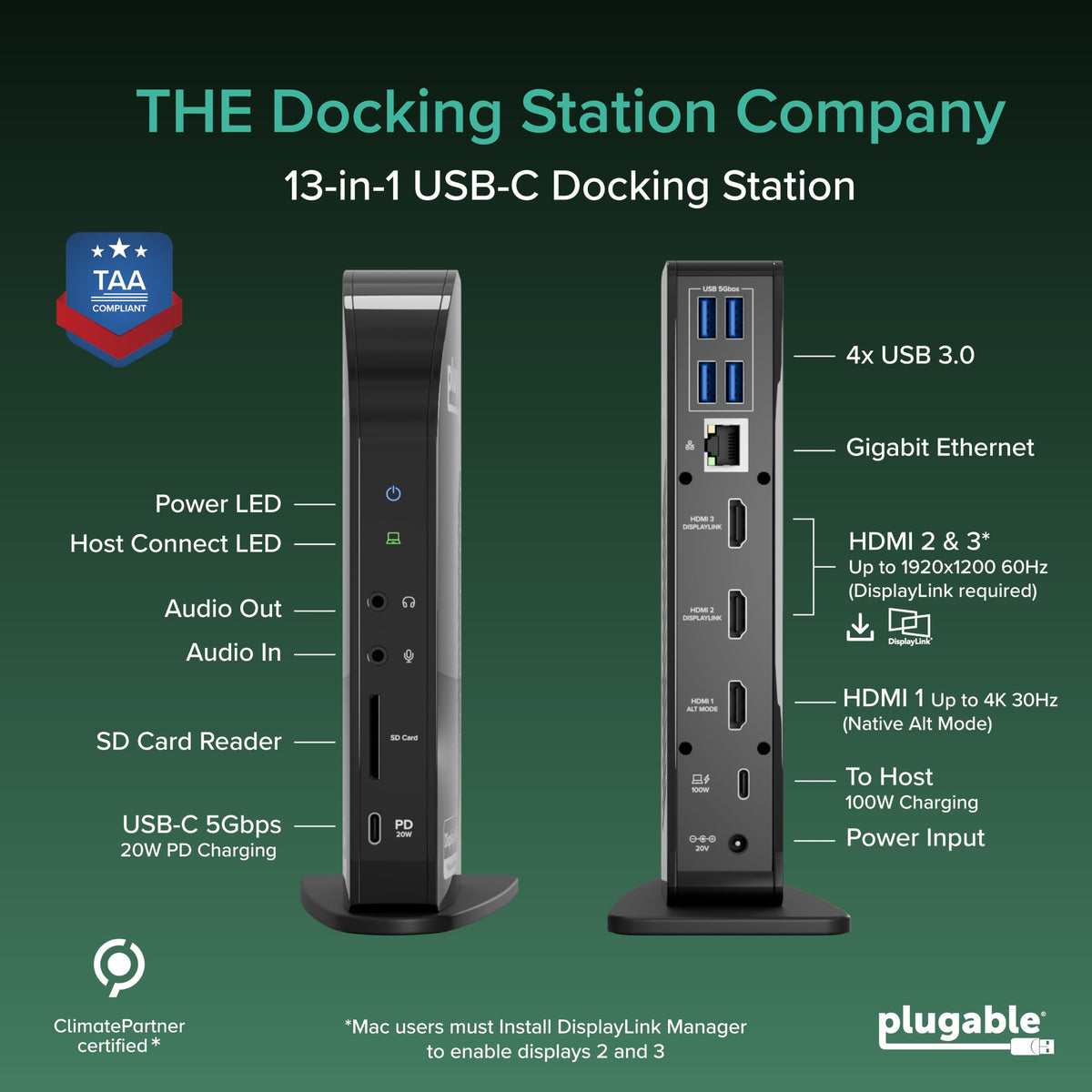 Plugable USB-C Triple Monitor Docking Station, 13-in-1, 100W Charging