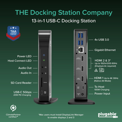 Plugable USB-C Triple Monitor Docking Station, 13-in-1, 100W Charging