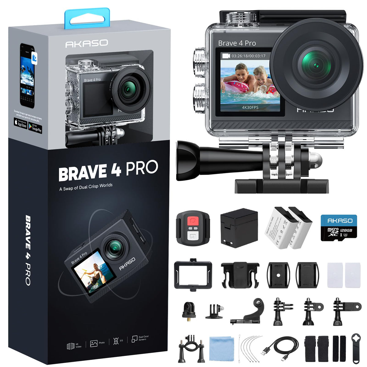 AKASO Brave 4 Pro Action Camera 4K with 256GB MicroSD U3 Card Bundle
