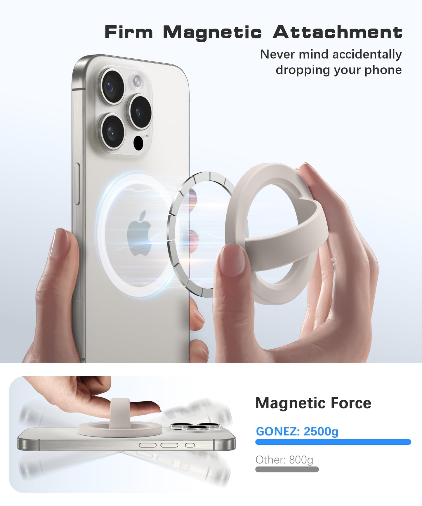 GONEZ Magnetic Phone Grip Compatible with MagSafe, Removable Silicone Loop Grip, Phone Ring Holder for Back of Phone for iPhone 17/16/15/14/13/12 Series, Stone