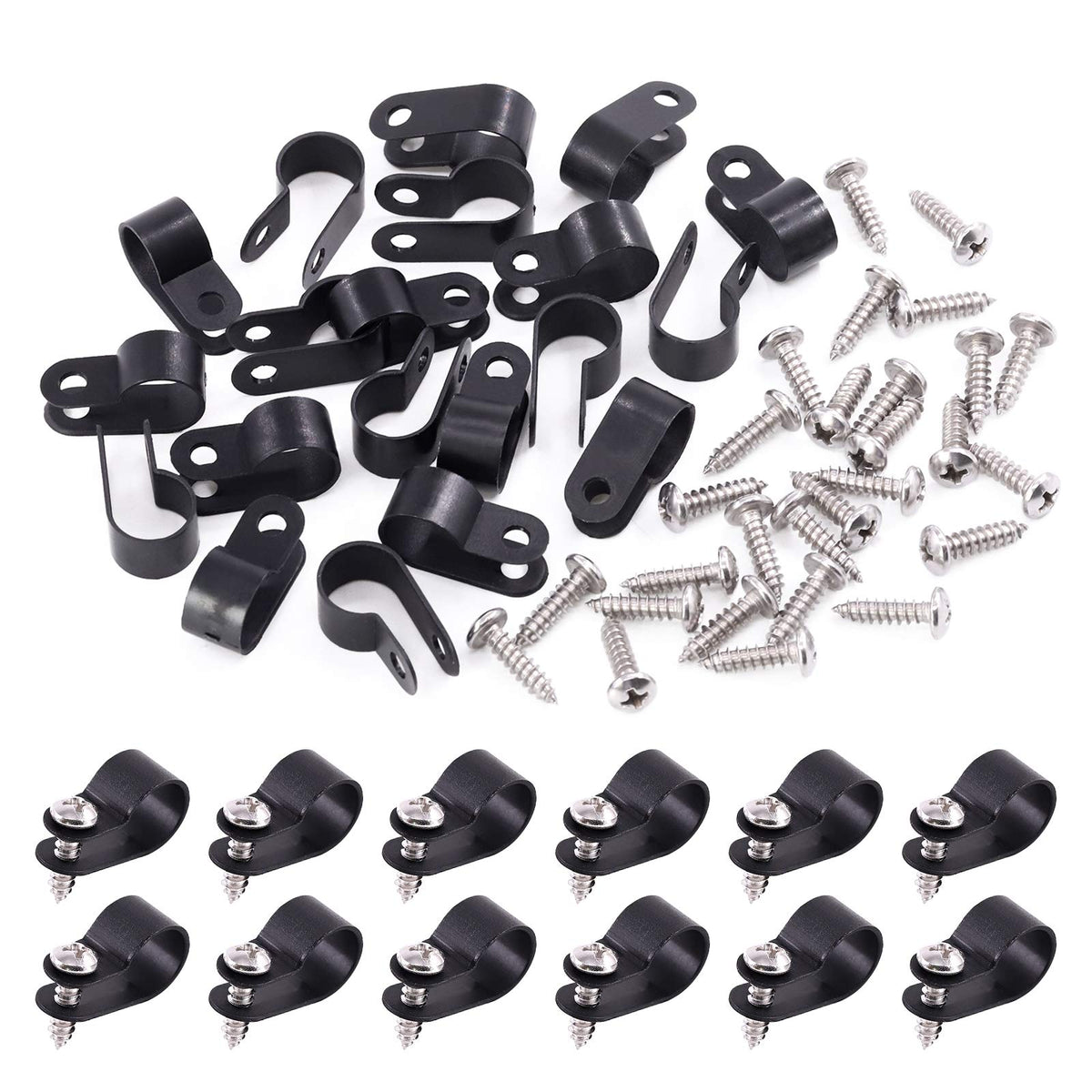 Swpeet 120 Pack Black 3/8 Inch Nylon Plastic R-Type Cable Clips Clamp Kit, Nylon Screw Mounting Cord Fastener Clips with 120 Pack Screws for Wire Management (3/8 Inch, Black)