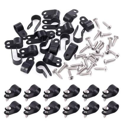 Swpeet 120 Pack Black 3/8 Inch Nylon Plastic R-Type Cable Clips Clamp Kit, Nylon Screw Mounting Cord Fastener Clips with 120 Pack Screws for Wire Management (3/8 Inch, Black)