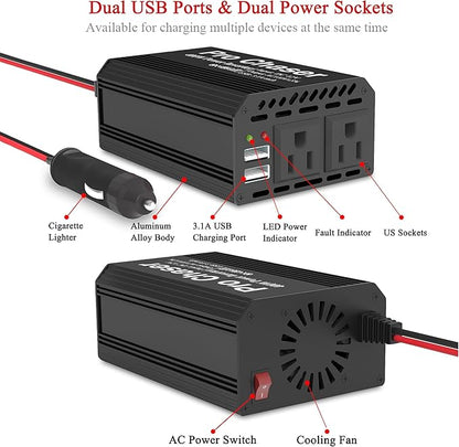 Pro Chaser 400W Car Power Inverter 12V DC to 110V AC Car Truck RV Inverter 6.2A Dual USB Charging Ports for Road Trips (USB C Adaptors Included) (Black)