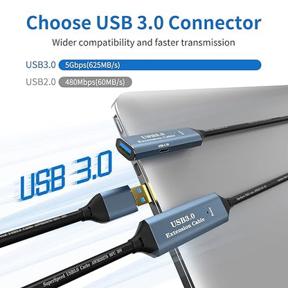 USB 3.0 Extension Cable 33FT Type A Male to Female Active Extender Cord with 2 Extension Chipsets Signal Booster and 1 USB-C Charging Port, for Webcam, USB Hub, PlayStation, Printer, Camera