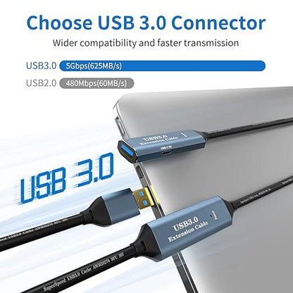 USB 3.0 Extension Cable 65FT Type A Male to Female Active Extender Cord with 3 Extension Chipsets Signal Booster and 1 USB-C Charging Port, for Webcam, PlayStation, Printer, Camera