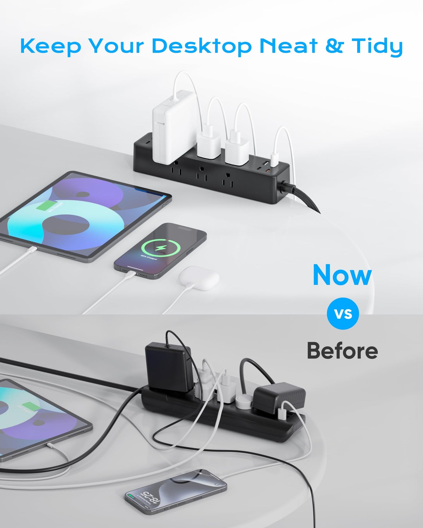 Flat Plug Desk Clamp Power Strip 15FT, 40W Total Fast Charging Station, Dual PD 20W USB C Ports, Desk Edge Mount Power Strip 9 AC Outlets 8 USB Ports(4 USB C) Surge Protector, Fit 1.7" Tabletop Edge