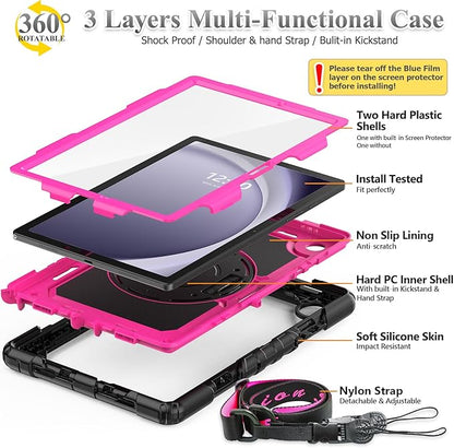 SEYMAC stock Case for Samsung Galaxy Tab A9 8.7'', Full-Body Drop Protection Case with Screen Protector Pencil Holder [360° Rotating Hand Strap] &Stand, Pink+Black