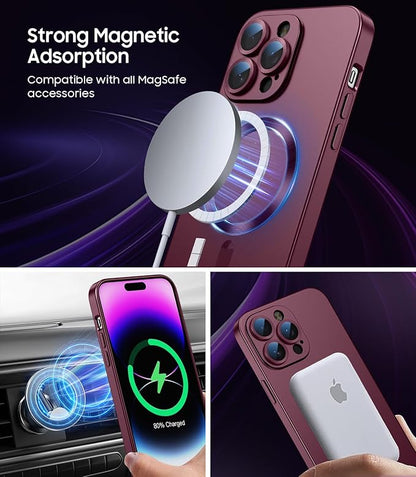 Magnetic for iPhone 14 Pro Max Case [Compatible with MagSafe][Built-in Camera Lens Protector] Slim Soft TPU Bumper Shockproof Metallic Luster Phone Case (Burgundy)