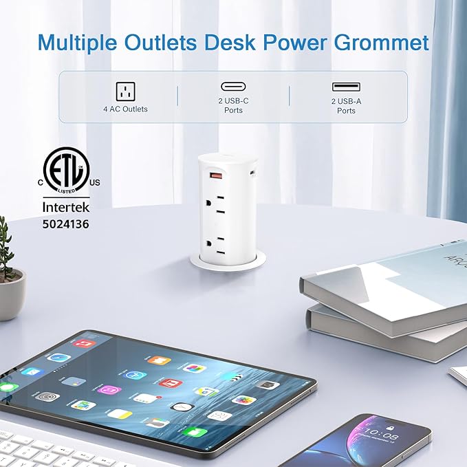 Pop up Outlet for Countertop,65W USB C Fast Charging Port,2.5-inch Hole Desktop Power Grommet,Recessed Power Strip,4 Outlets 4 USB Ports,15Amp Tamper Resistant Receptacle,ETL Listed (White)
