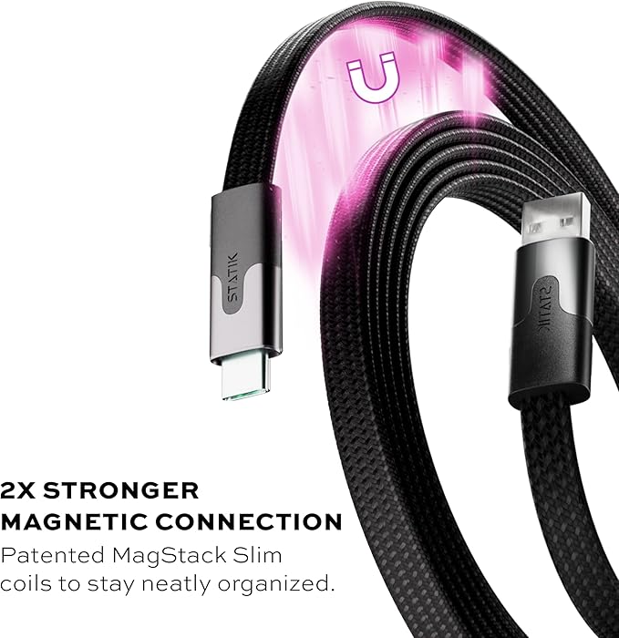 Statik MagStack USB to USB C Cable, Magnetic Anti Tangle Flat A to Type C Charger Fast Charging Cord, Magnetic Charging Cable, Compatible with iPhone 16 Pro Max, Galaxy S24 Ultra, 27W 3FT/1M, 3-Pack