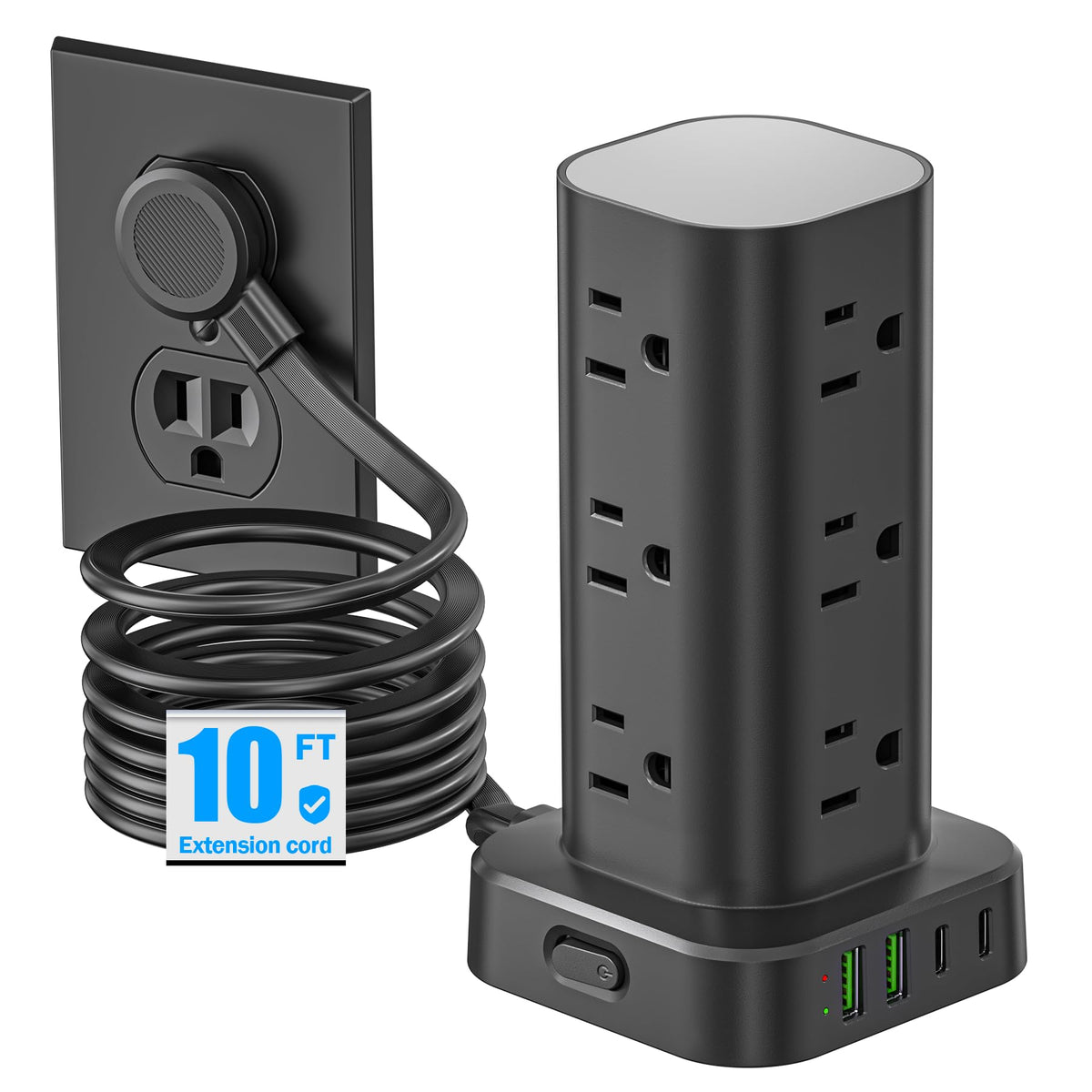 Tower Power Strip with 15W Wireless Charger, 6FT Flat Plug Extension Cord with Multiple Outlets, 12 AC Outlets, 4 USB Ports (2 USB C) Charging Station Surge Protector for Office Home Dorm Room (Black)