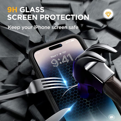 Miracase Glass Series Compatible with iPhone 14 Pro Case 6.1 Inch, Full-Body Clear Bumper Case with Built-in 9H Tempered Glass Screen Protector, with Camera Lens Protector, Black