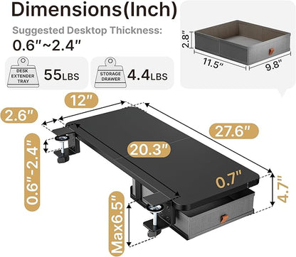 Desk Extender Tray, 28" x 12" Clamp On Desk Shelf, Desk Extension with Storage Drawer, Table Desk Arm Rest, Clamp On Keyboard Tray for Office and Home, Workstation Organizer, Large, Black