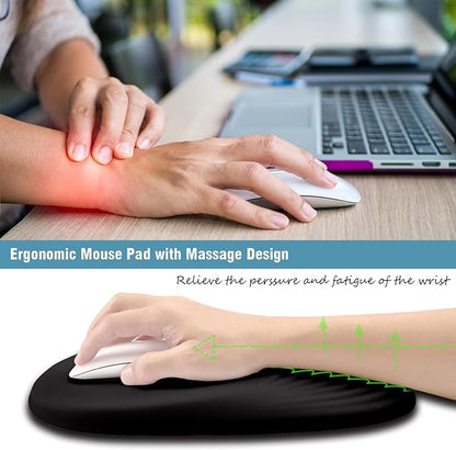 Black Ergonomic Mouse Pad Wrist Support, Mouse Pad with Wrist Rest, Memory Foam Massage Design & Non-Slip PU Base Cute MousePads for Pain Relief, Desk, Office, Home