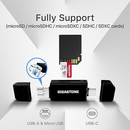 GIGASTONE 128GB Micro SD Card with USB Type C Card Reader, Gaming Plus, MicroSDXC Memory Card for Nintendo-Switch 1, 4K Video Recording, UHS-I A1 U3 V30 C10, up to 100MB/s, with Adapter