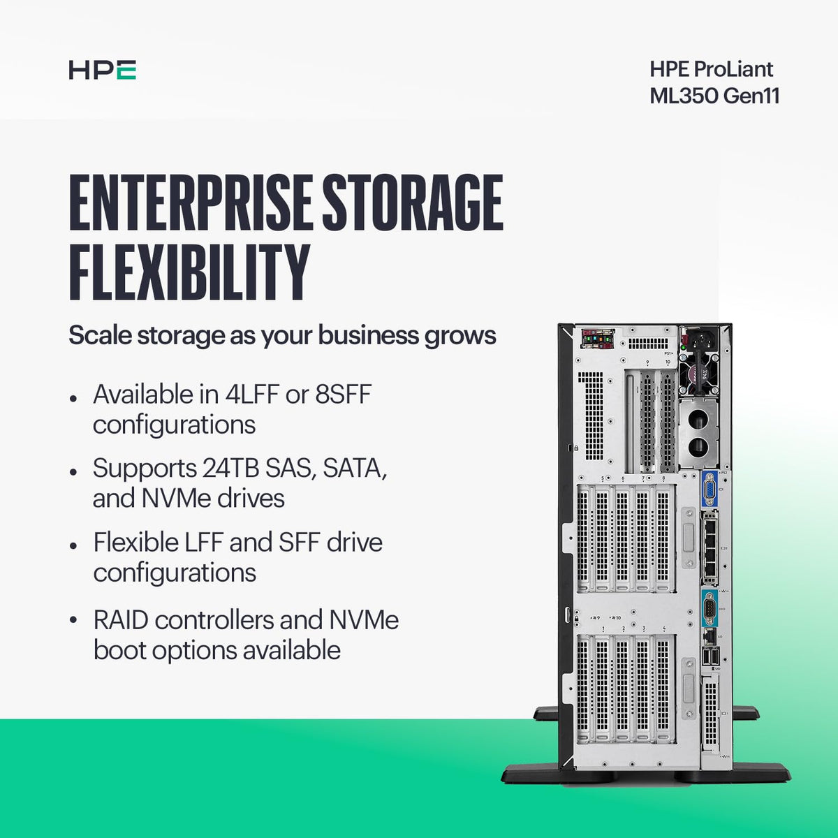 Hewlett Packard Enterprise ProLiant ML350 Gen11 Tower Server (P83320-005), Xeon Silver 4516Y+ 24-Core, 64GB DDR5, 8SFF, 2×960GB SSD, MR408i-o RAID, Dual 800W PSU