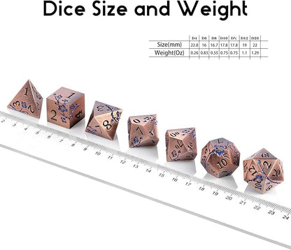 DNDND Metal Dice, 7 PCS Heavy Solid Metallic Flower DND Dice Set with Gorgeous Gift Case for D&D Dungeons and Dragon Tabletop Game (Ancient Copper)