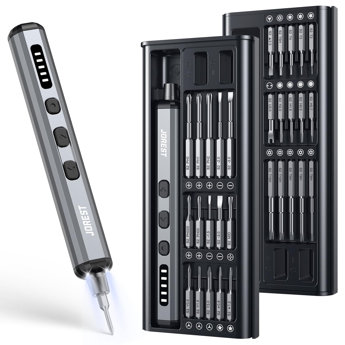 JOREST Mini Electric Screwdriver, Small Cordless Precision Screwdriver set with 38 Magnetic Bits, 5 Torque Settings, Repair Tool for iPhone, Laptop, Drone, Game Console, Camera; Gift for Father